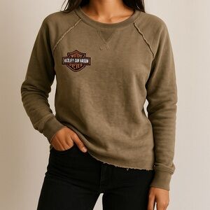 Harley-Davidson Gray Raglan Studded Crewneck Sweatshirt Raw Hem Size M